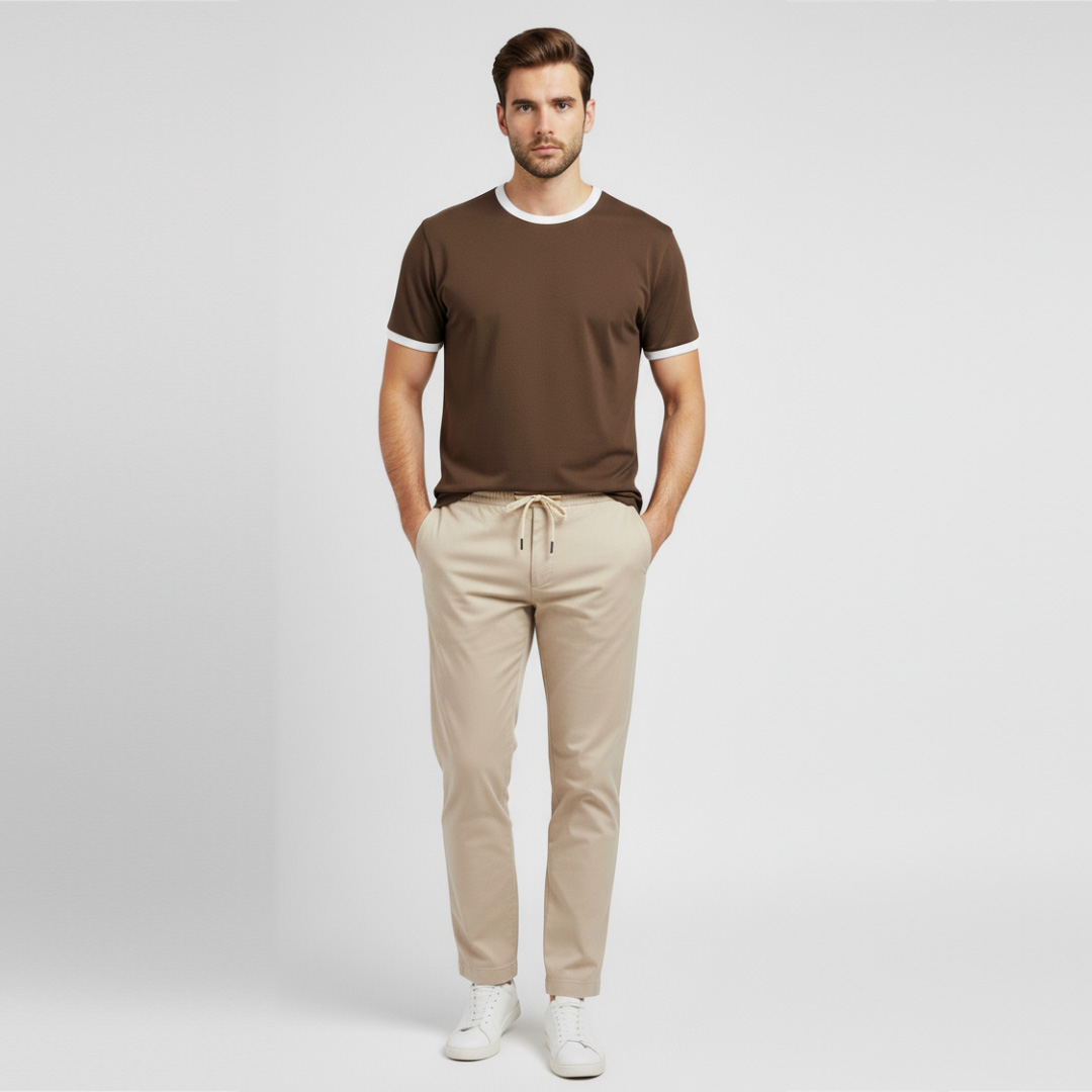 تی شرت آستین کوتاه مردانه رانژ قهوه ای روشن مدل یقه و لبه آستین سفید 25RA22D11M-140۷-01