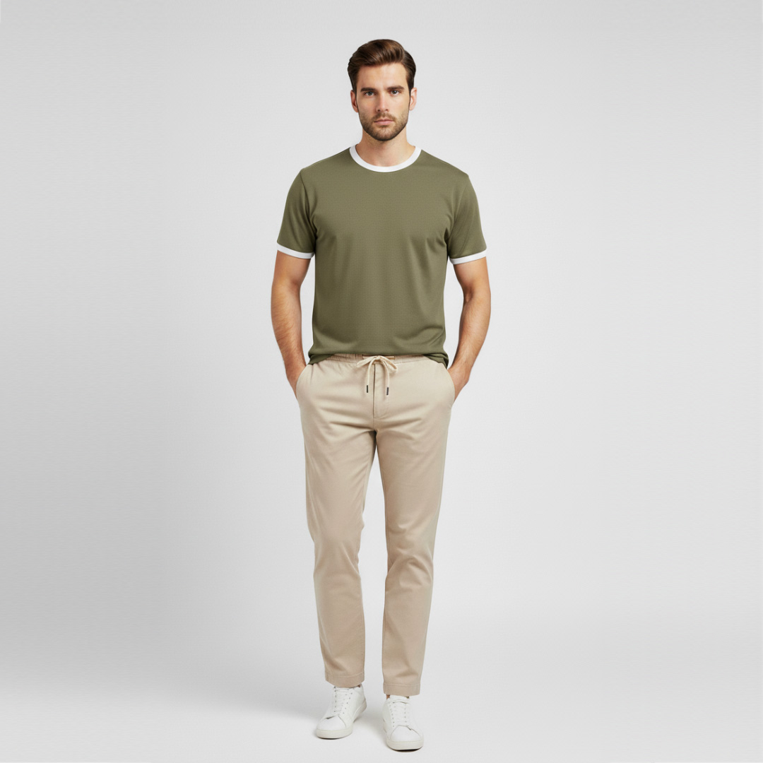 تی شرت آستین کوتاه مردانه رانژ زیتونی مدل یقه و لبه آستین سفید 25RA22D11M-140۵-01