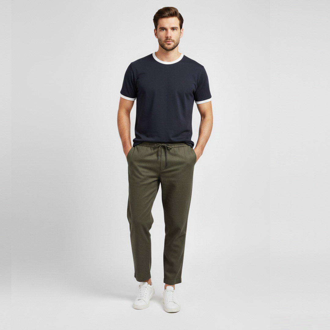 تی شرت آستین کوتاه مردانه رانژ سرمه ای مدل یقه و لبه آستین سفید 25RA22D11M-140۳-01